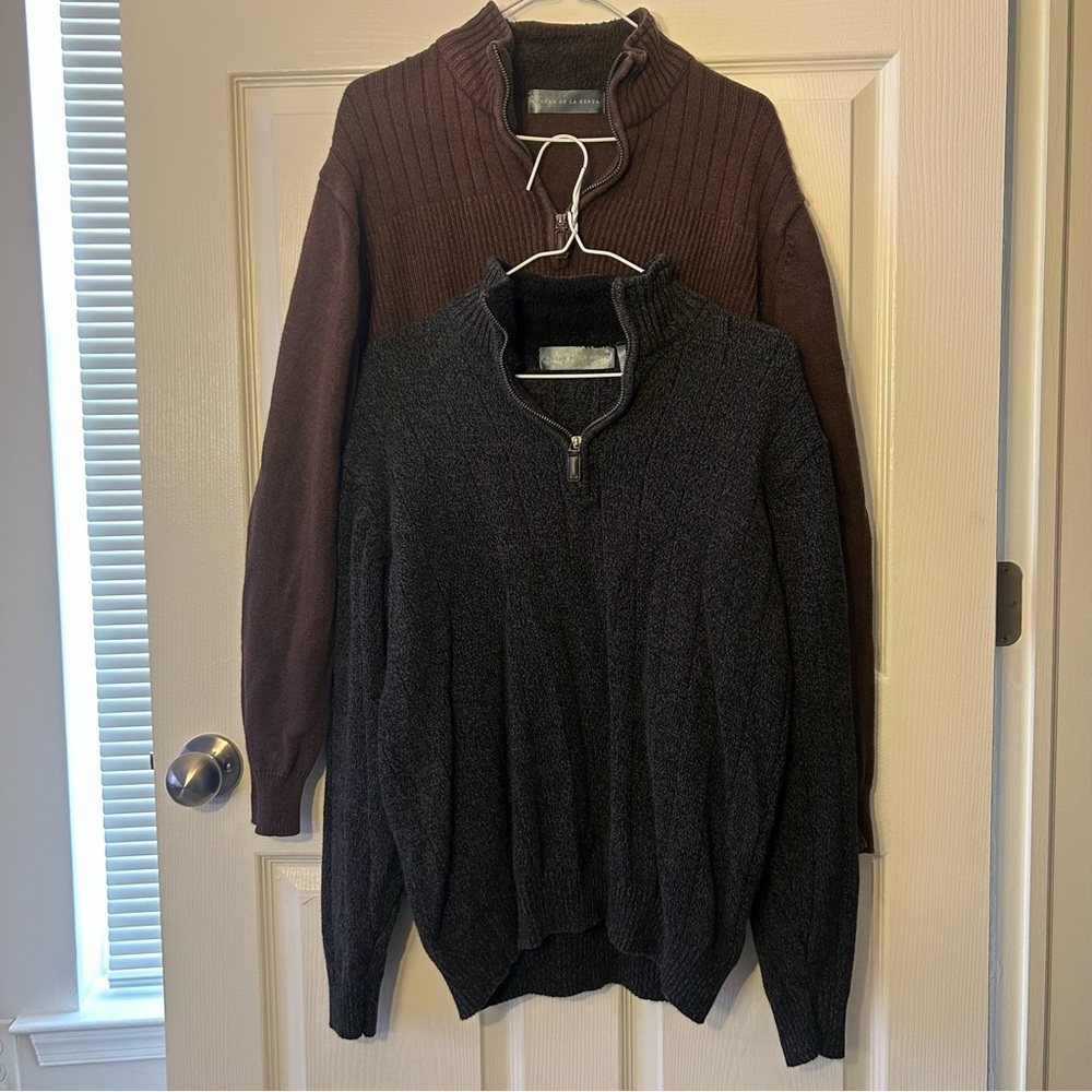 2 Oscar de la Renta Quarter Zip Fleece Sweaters Brown Gray Size Large Bundle Lot